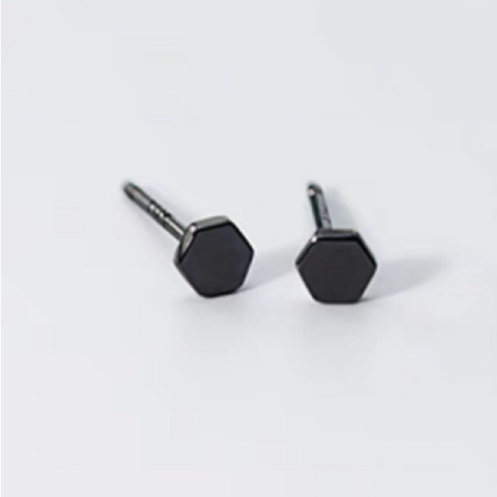 A Pair Black Silver Hexagon Stud Earring-4.5mm-SS012-Black